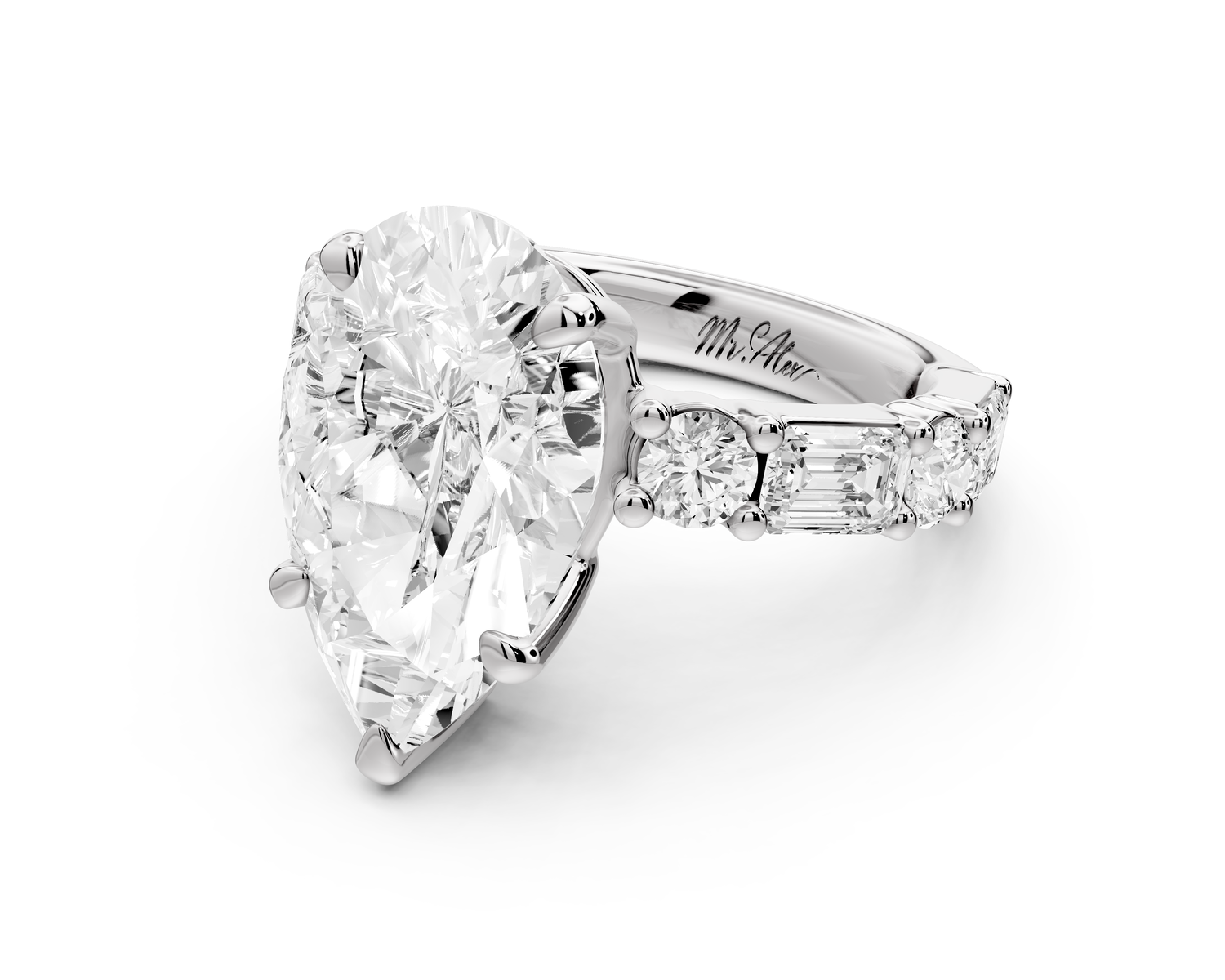 Juliette - 3ct 14k white gold pear with Alternating Round and Emerald 8-Stone Band Engagement Ring