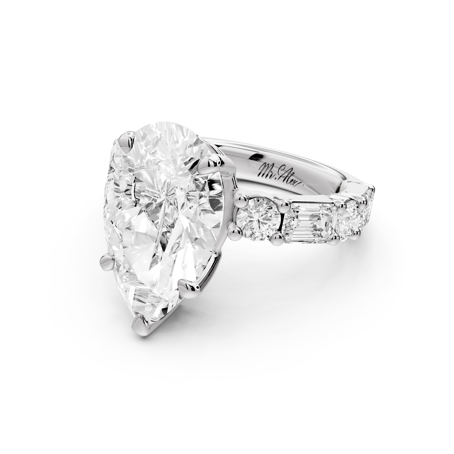 Juliette - 3ct 14k white gold pear with Alternating Round and Emerald 8-Stone Band Engagement Ring