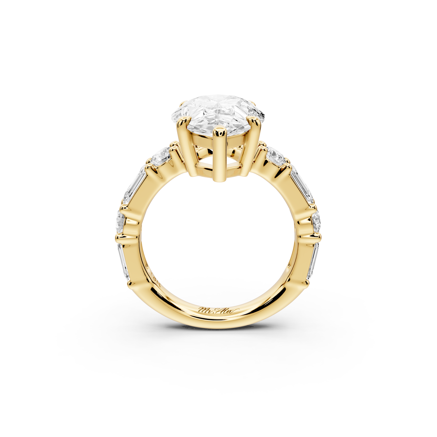 Juliette - 3ct 14k yellow gold pear with Alternating Round and Emerald 8-Stone Band Engagement Ring