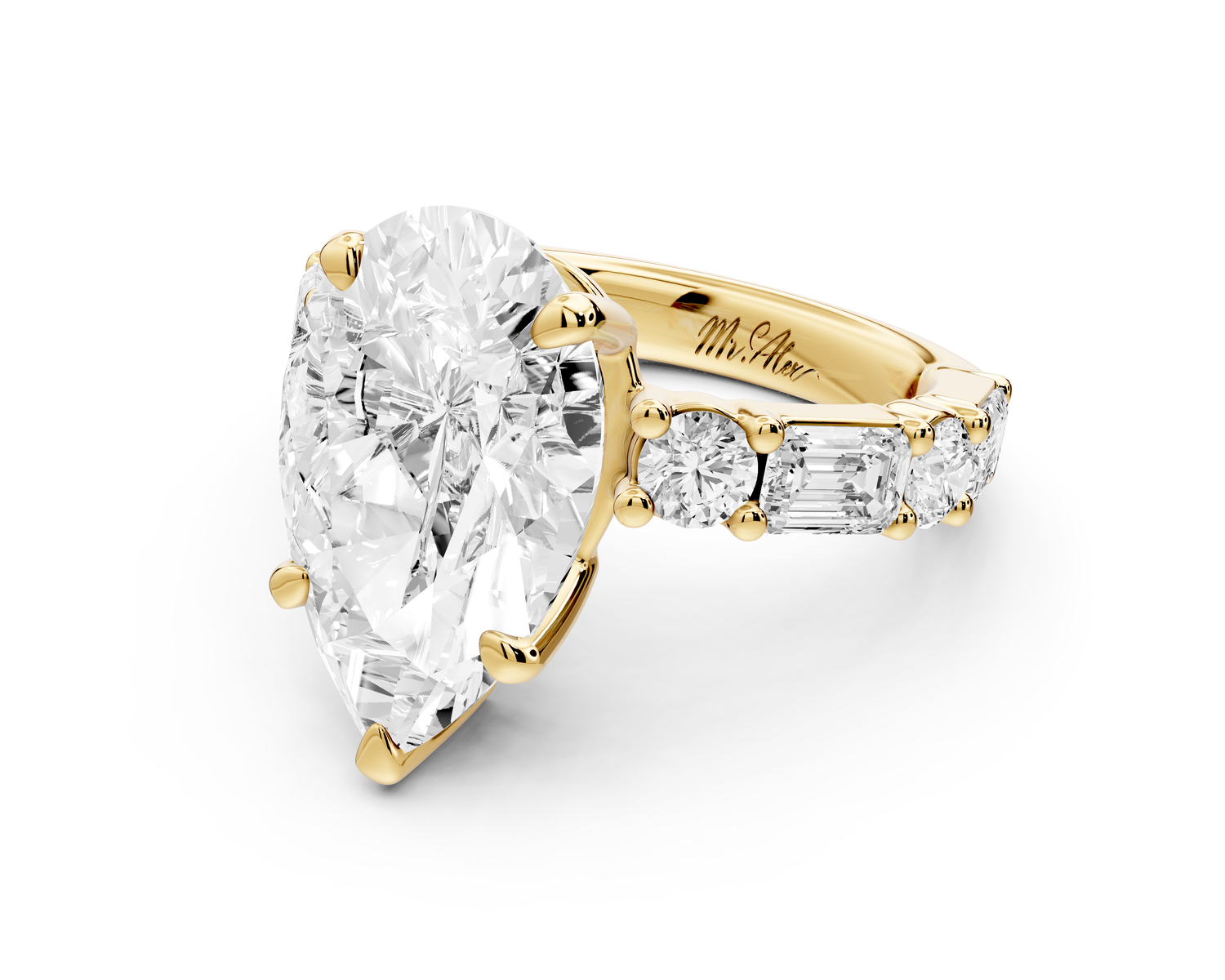 Juliette - 3ct 14k yellow gold pear with Alternating Round and Emerald 8-Stone Band Engagement Ring