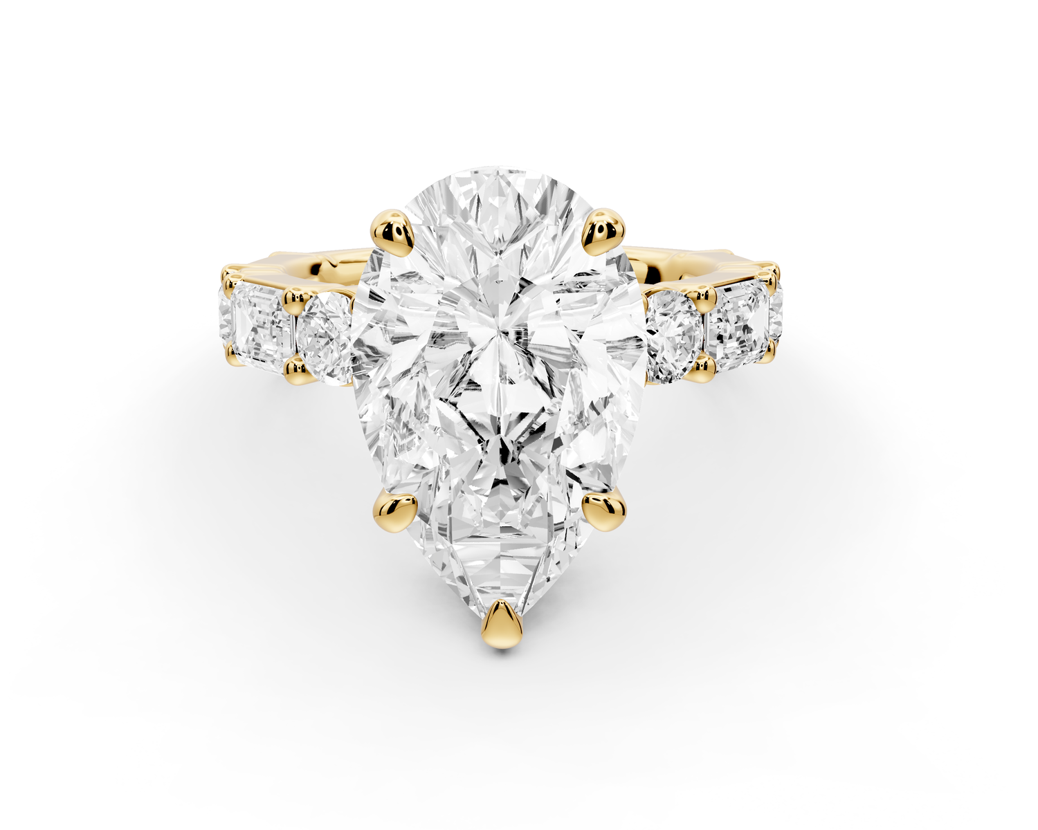 Juliette - 3ct 14k yellow gold pear with Alternating Round and Emerald 8-Stone Band Engagement Ring