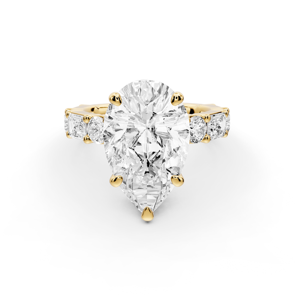 Juliette - 3ct 14k yellow gold pear with Alternating Round and Emerald 8-Stone Band Engagement Ring
