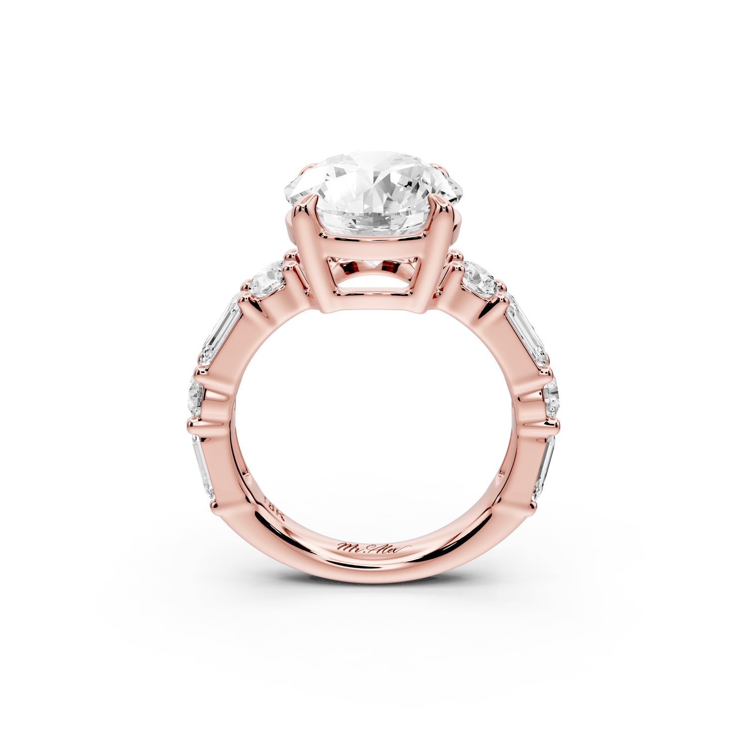 Juliette - 3ct 14k rose gold round with Alternating Round and Emerald 8-Stone Band Engagement Ring