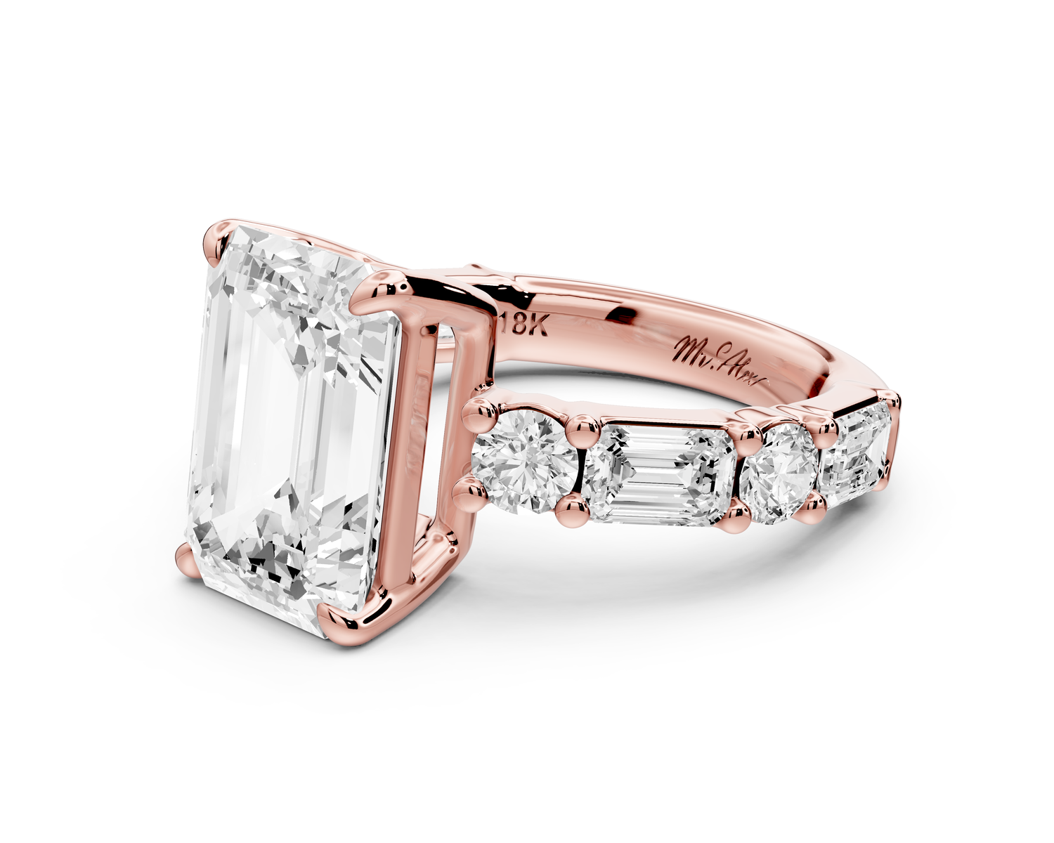 Juliette - 4ct 14k rose gold emerald with Alternating Round and Emerald 8-Stone Band Engagement Ring