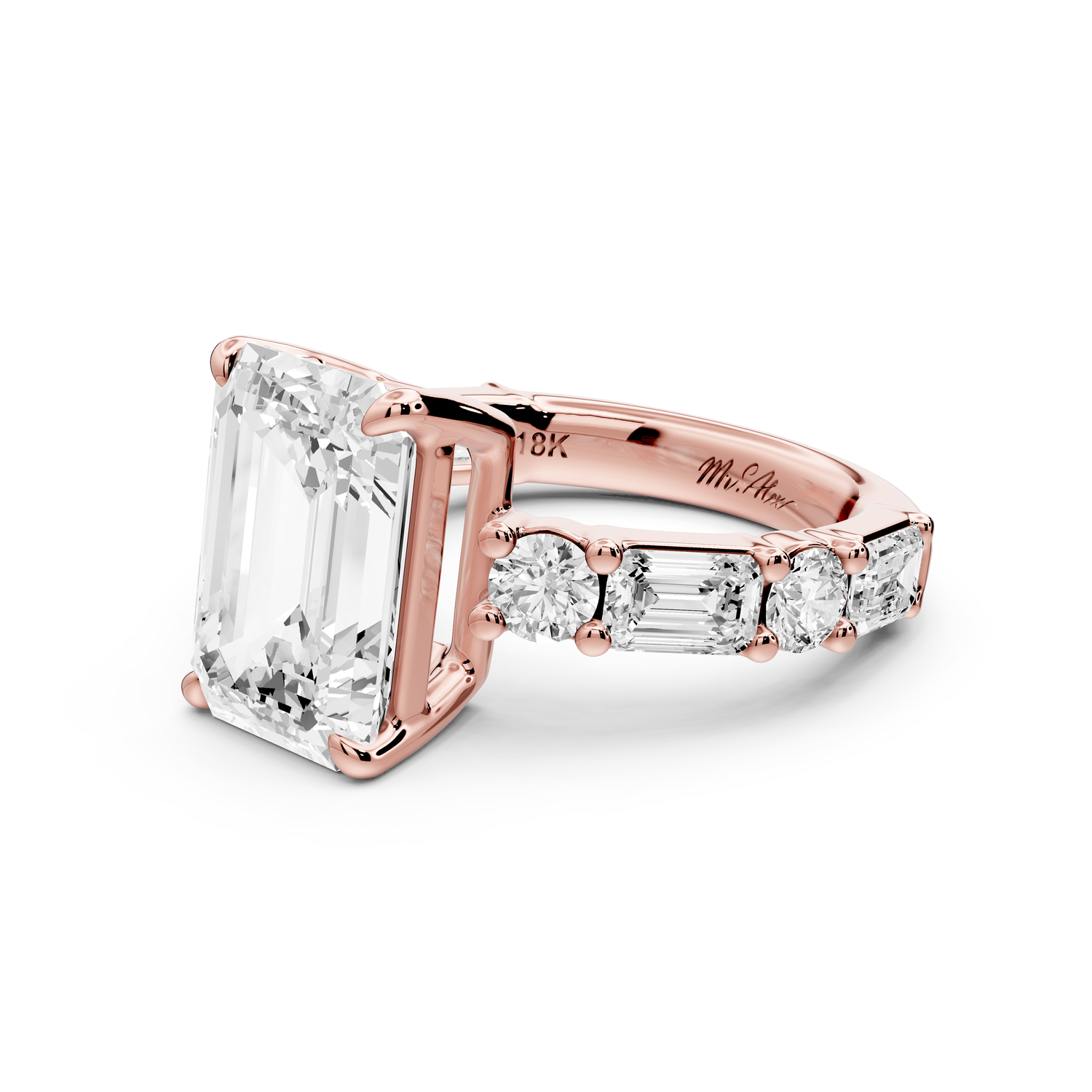 Juliette - 4ct 14k rose gold emerald with Alternating Round and Emerald 8-Stone Band Engagement Ring