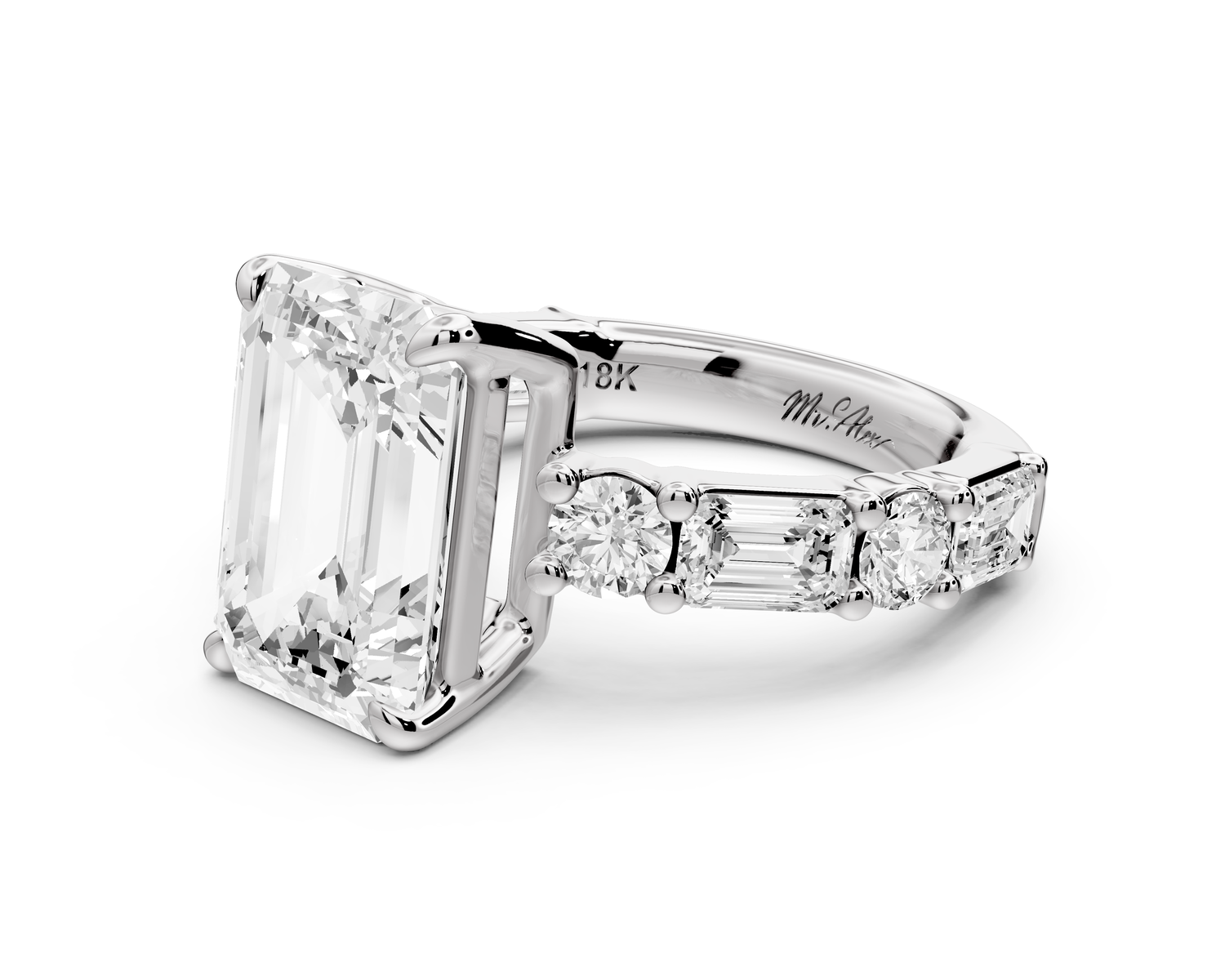 Juliette - 4ct 14k white gold emerald with Alternating Round and Emerald 8-Stone Band Engagement Ring