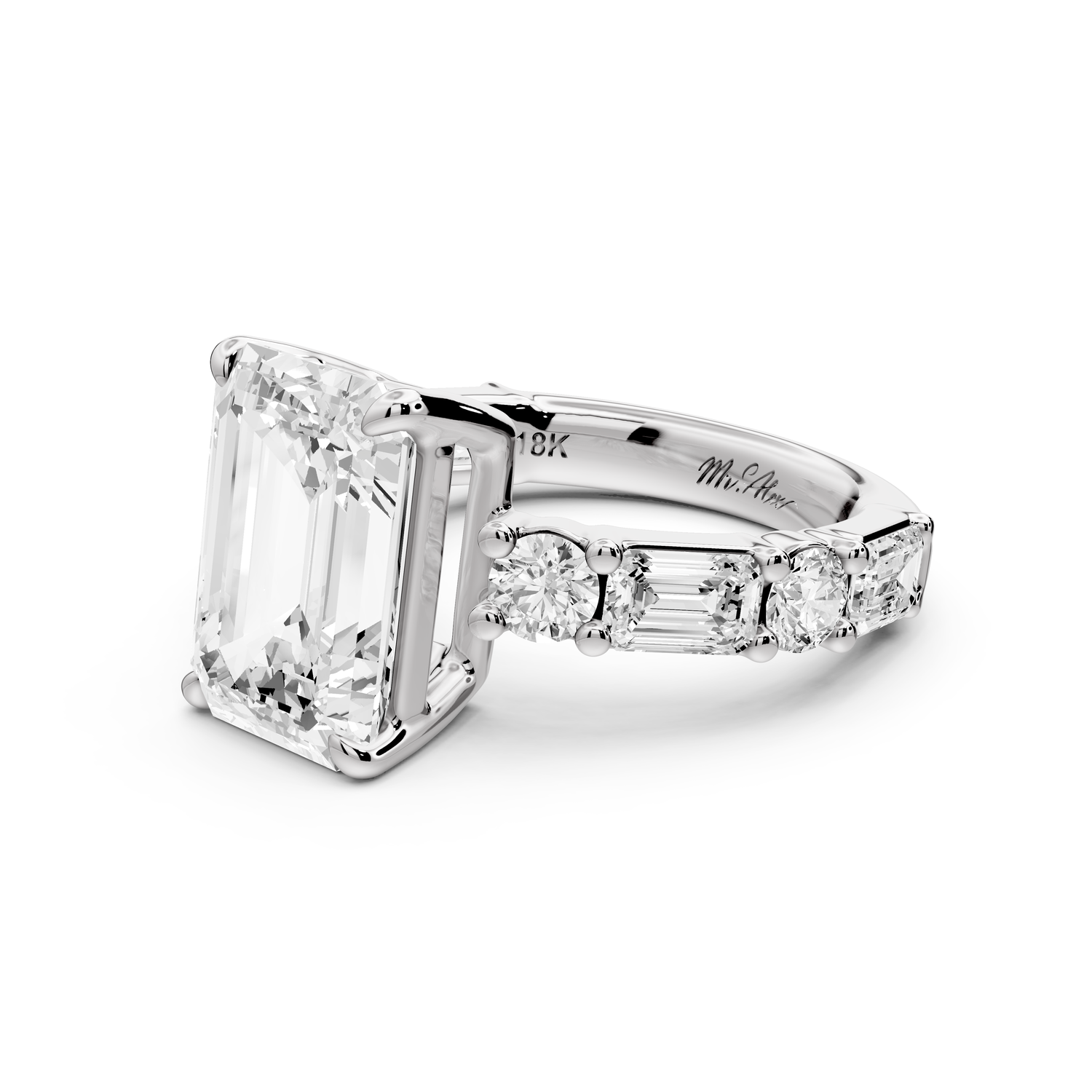Juliette - 4ct 14k white gold emerald with Alternating Round and Emerald 8-Stone Band Engagement Ring