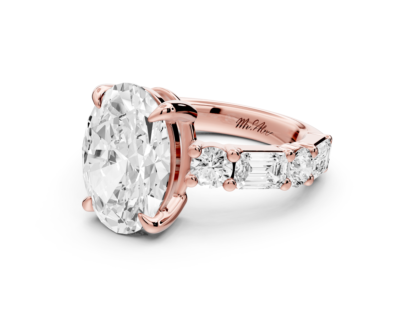 Juliette - 4ct 14k rose gold oval with Alternating Round and Emerald 8-Stone Band Engagement Ring