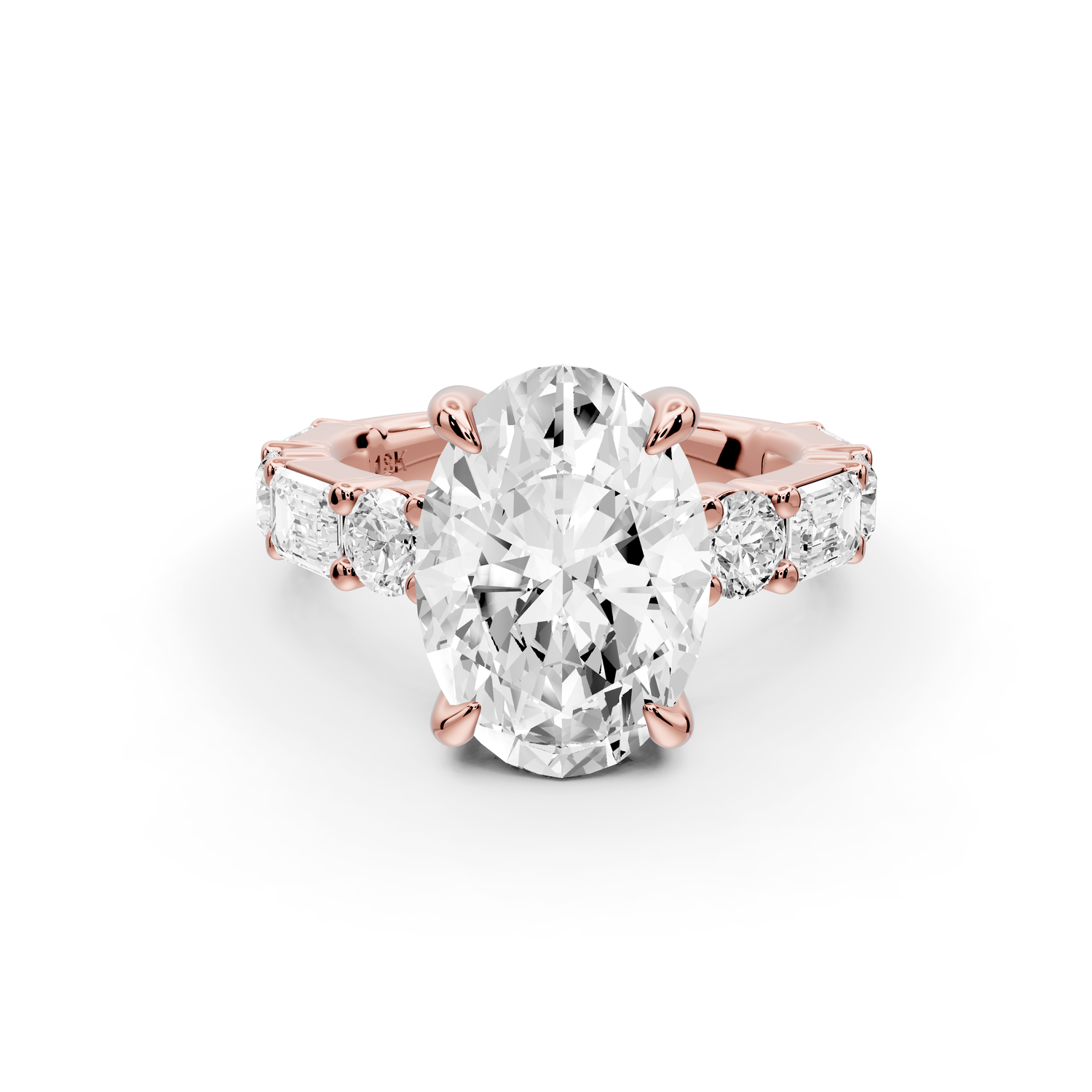 Juliette - 4ct 14k rose gold oval with Alternating Round and Emerald 8-Stone Band Engagement Ring