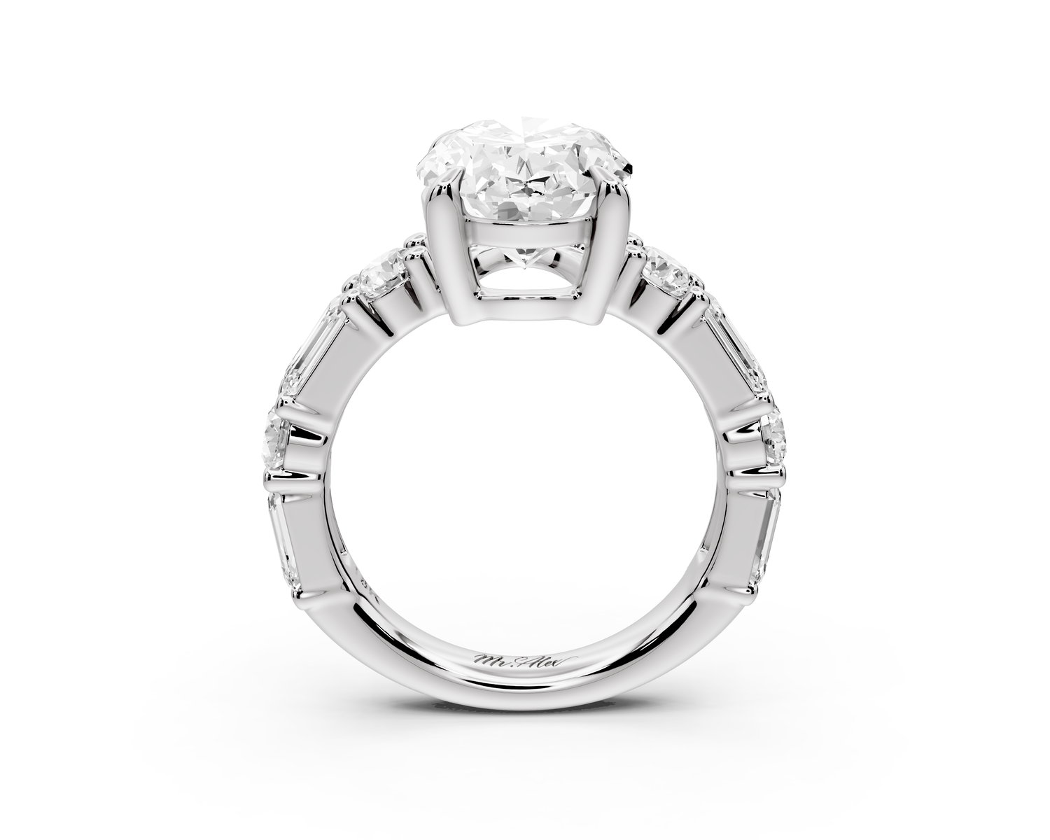 Juliette - 4ct 14k white gold oval with Alternating Round and Emerald 8-Stone Band Engagement Ring