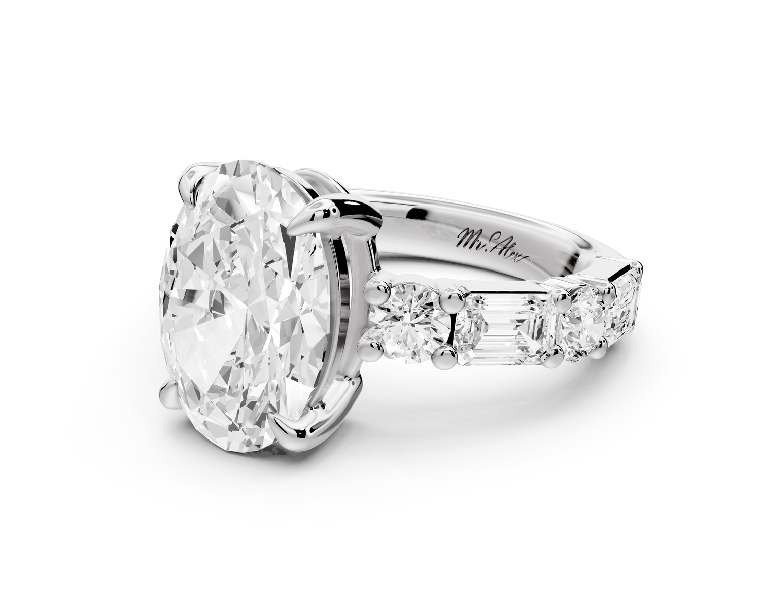 Juliette - 4ct 14k white gold oval with Alternating Round and Emerald 8-Stone Band Engagement Ring