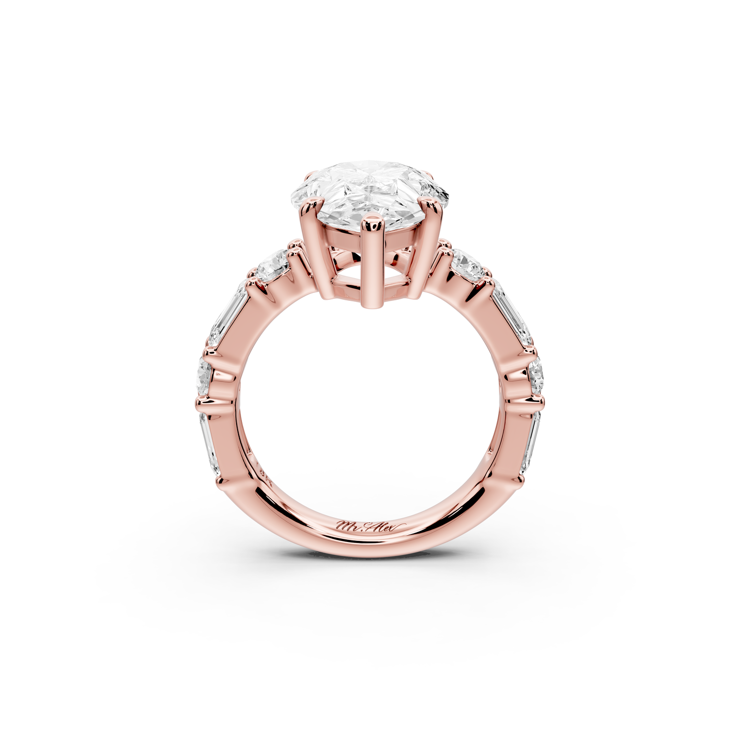 Juliette - 4ct 14k rose gold pear with Alternating Round and Emerald 8-Stone Band Engagement Ring