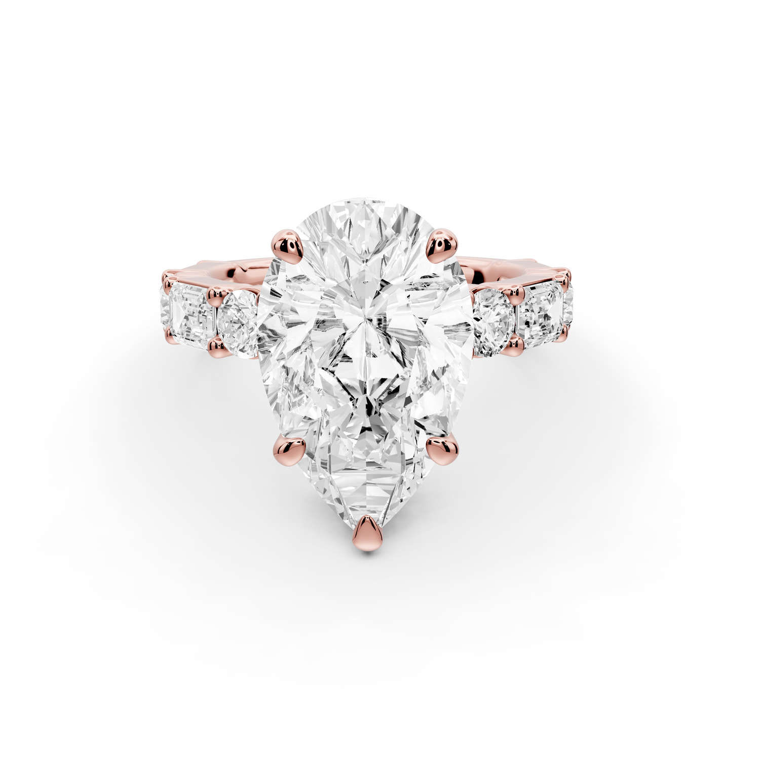 Juliette - 4ct 14k rose gold pear with Alternating Round and Emerald 8-Stone Band Engagement Ring