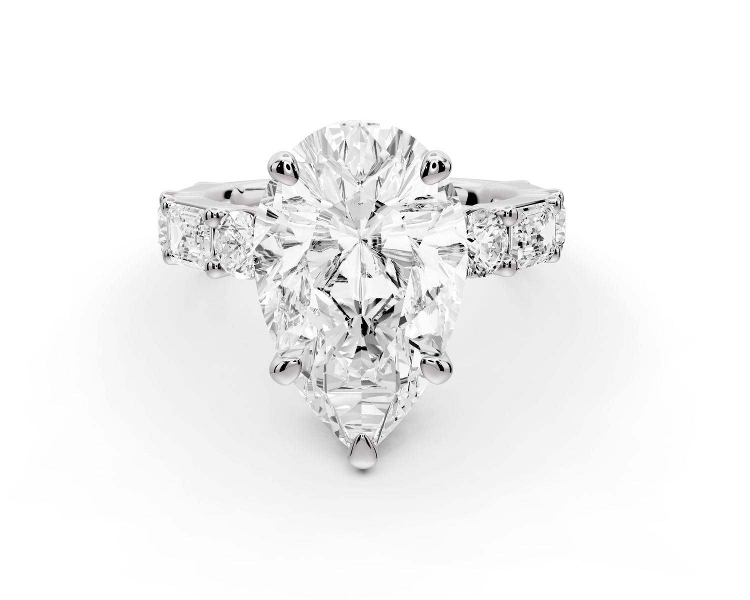 Juliette - 4ct 14k white gold pear with Alternating Round and Emerald 8-Stone Band Engagement Ring