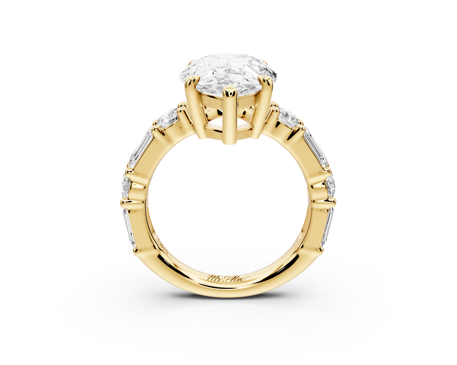Juliette - 4ct 14k yellow gold pear with Alternating Round and Emerald 8-Stone Band Engagement Ring