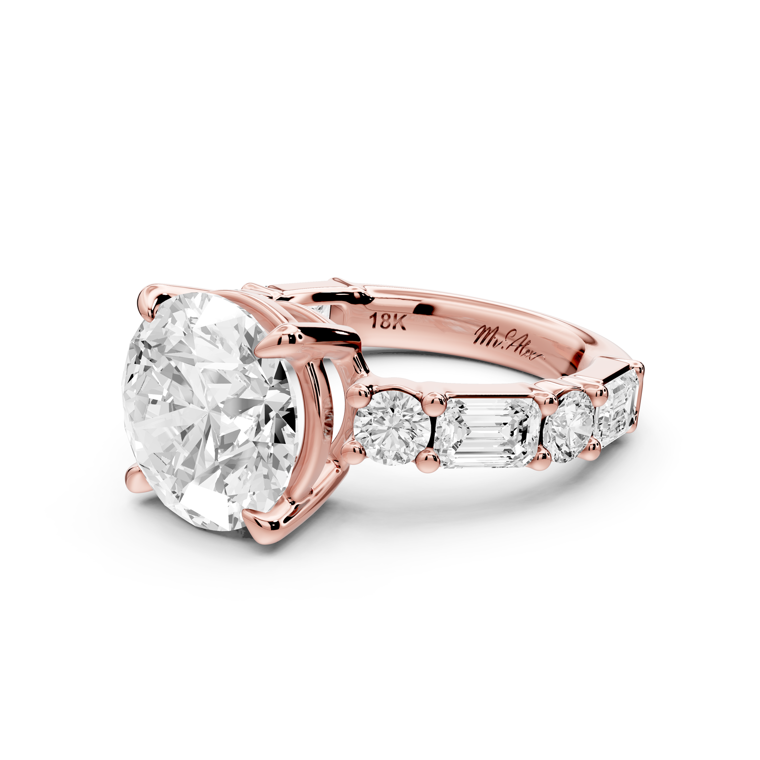 Juliette - 4ct 14k rose gold round with Alternating Round and Emerald 8-Stone Band Engagement Ring