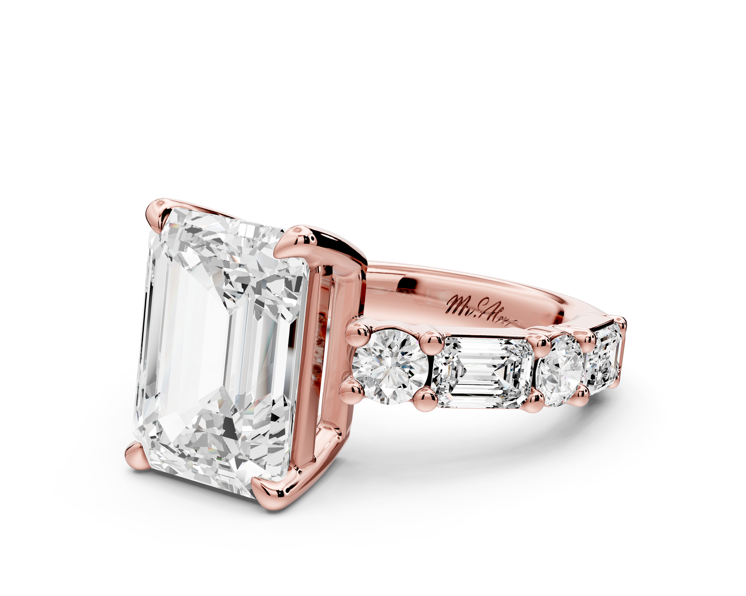 Juliette - 5ct 14k rose gold emerald with Alternating Round and Emerald 8-Stone Band Engagement Ring