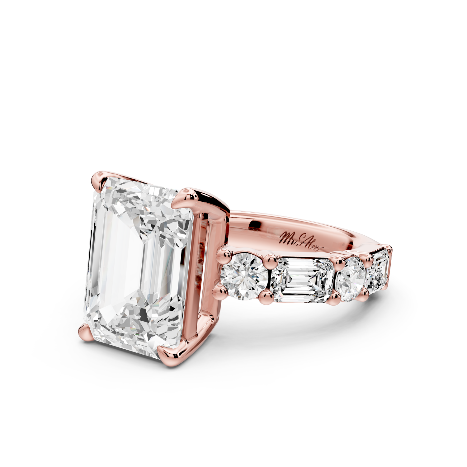 Juliette - 5ct 14k rose gold emerald with Alternating Round and Emerald 8-Stone Band Engagement Ring
