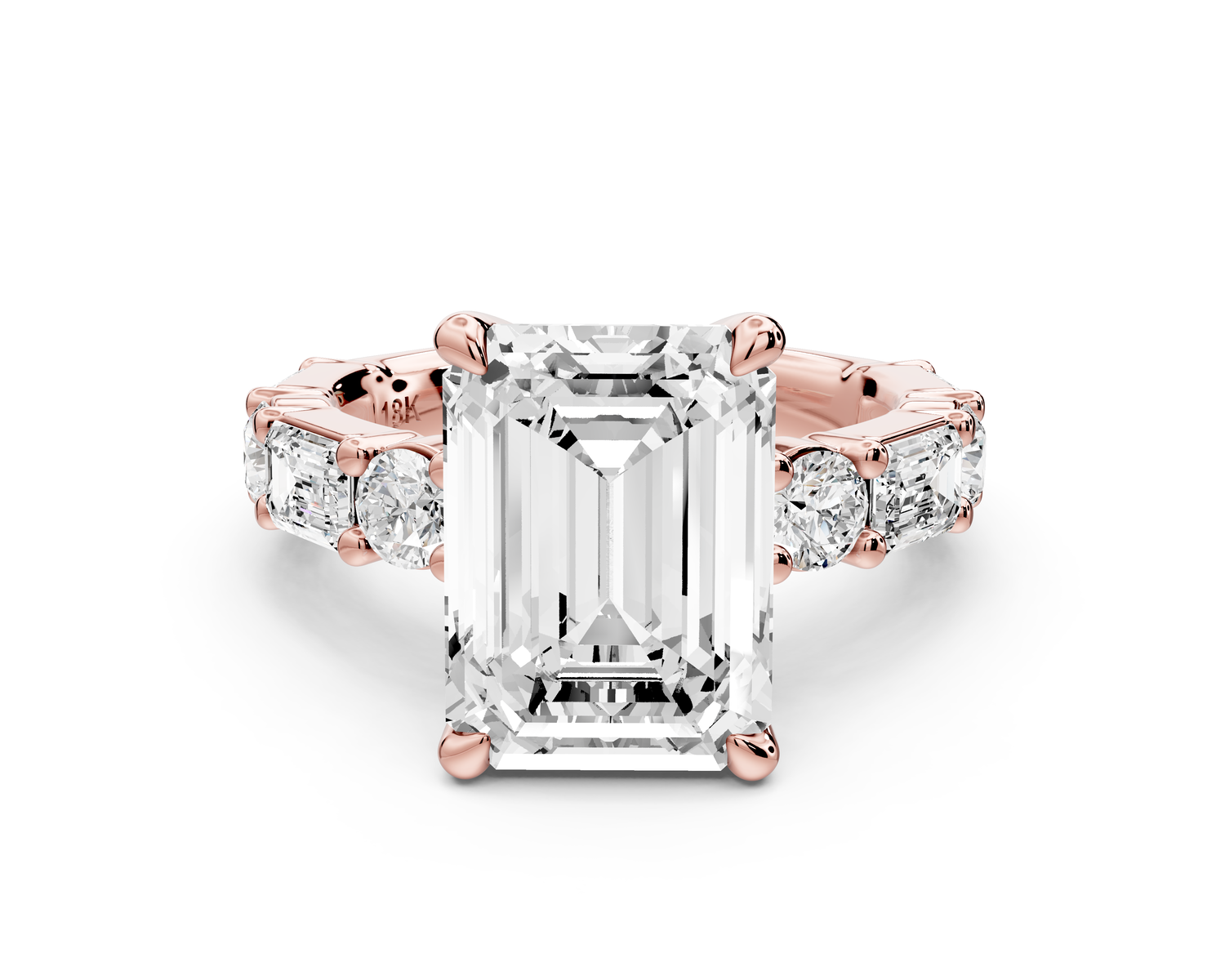 Juliette - 5ct 14k rose gold emerald with Alternating Round and Emerald 8-Stone Band Engagement Ring