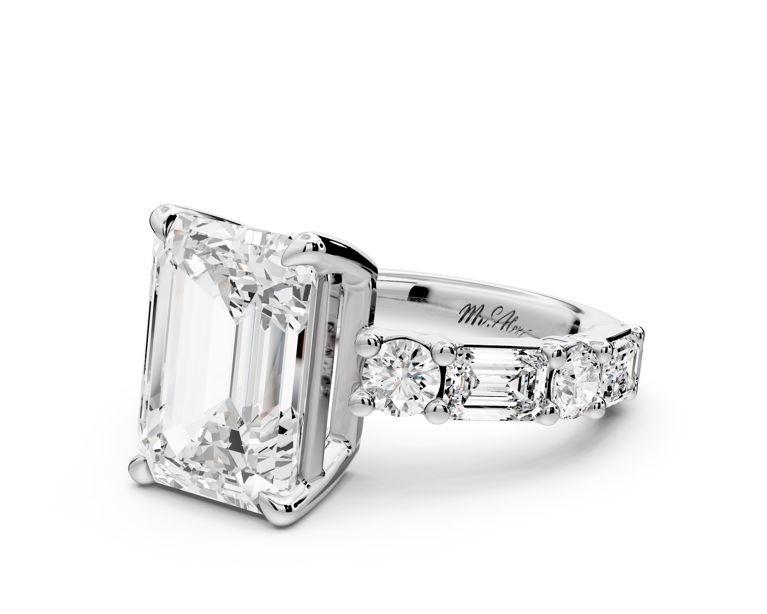 Juliette - 5ct 14k white gold emerald with Alternating Round and Emerald 8-Stone Band Engagement Ring