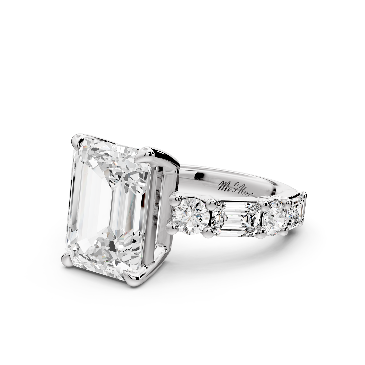 Juliette - 5ct 14k white gold emerald with Alternating Round and Emerald 8-Stone Band Engagement Ring