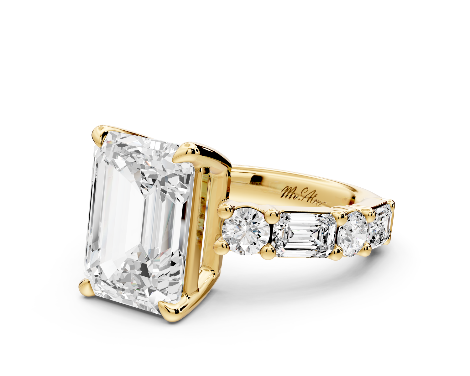 Juliette - 5ct 14k yellow gold emerald with Alternating Round and Emerald 8-Stone Band Engagement Ring