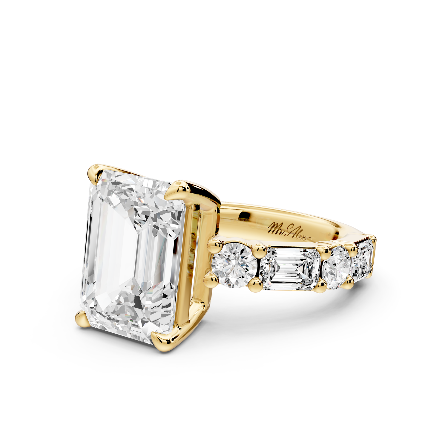 Juliette - 5ct 14k yellow gold emerald with Alternating Round and Emerald 8-Stone Band Engagement Ring