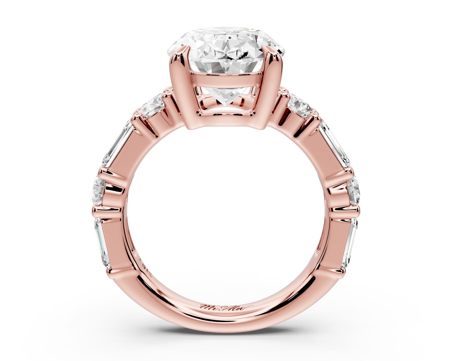 Juliette - 5ct 14k rose gold oval with Alternating Round and Emerald 8-Stone Band Engagement Ring