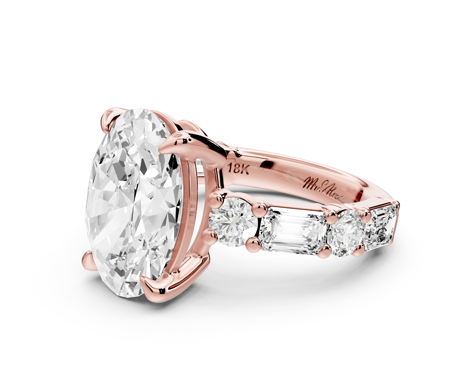 Juliette - 5ct 14k rose gold oval with Alternating Round and Emerald 8-Stone Band Engagement Ring