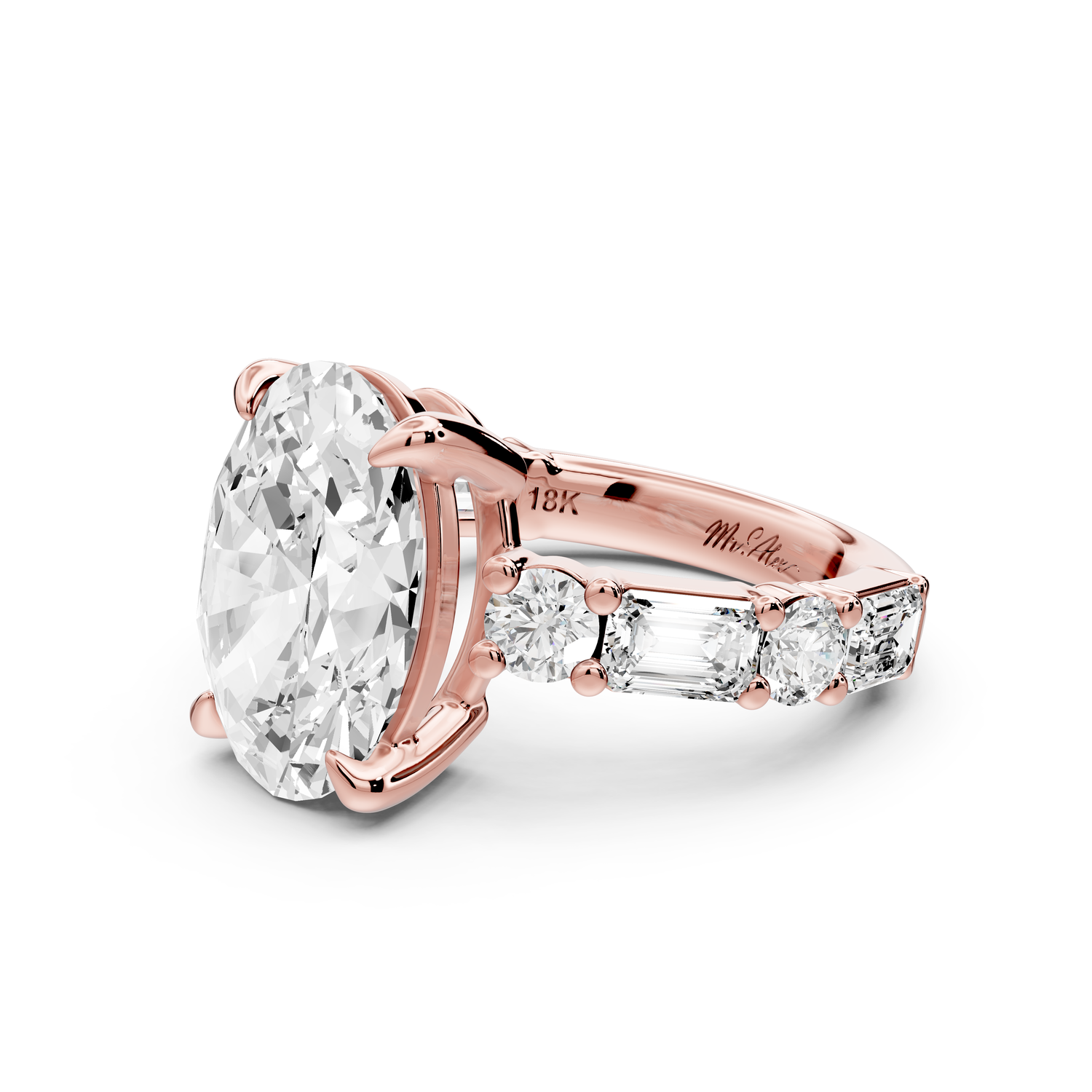 Juliette - 5ct 14k rose gold oval with Alternating Round and Emerald 8-Stone Band Engagement Ring