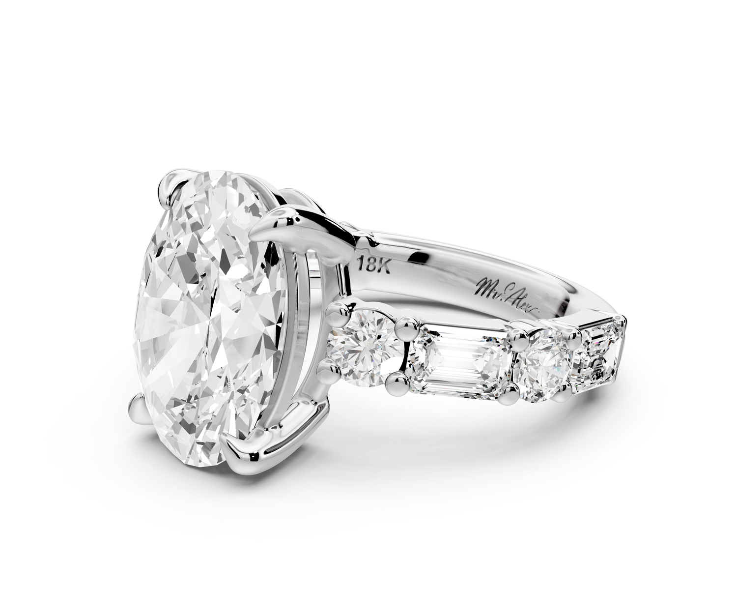 Juliette - 5ct 14k white gold oval with Alternating Round and Emerald 8-Stone Band Engagement Ring