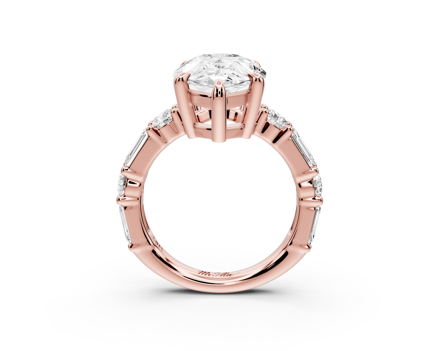 Juliette - 5ct 14k rose gold pear with Alternating Round and Emerald 8-Stone Band Engagement Ring