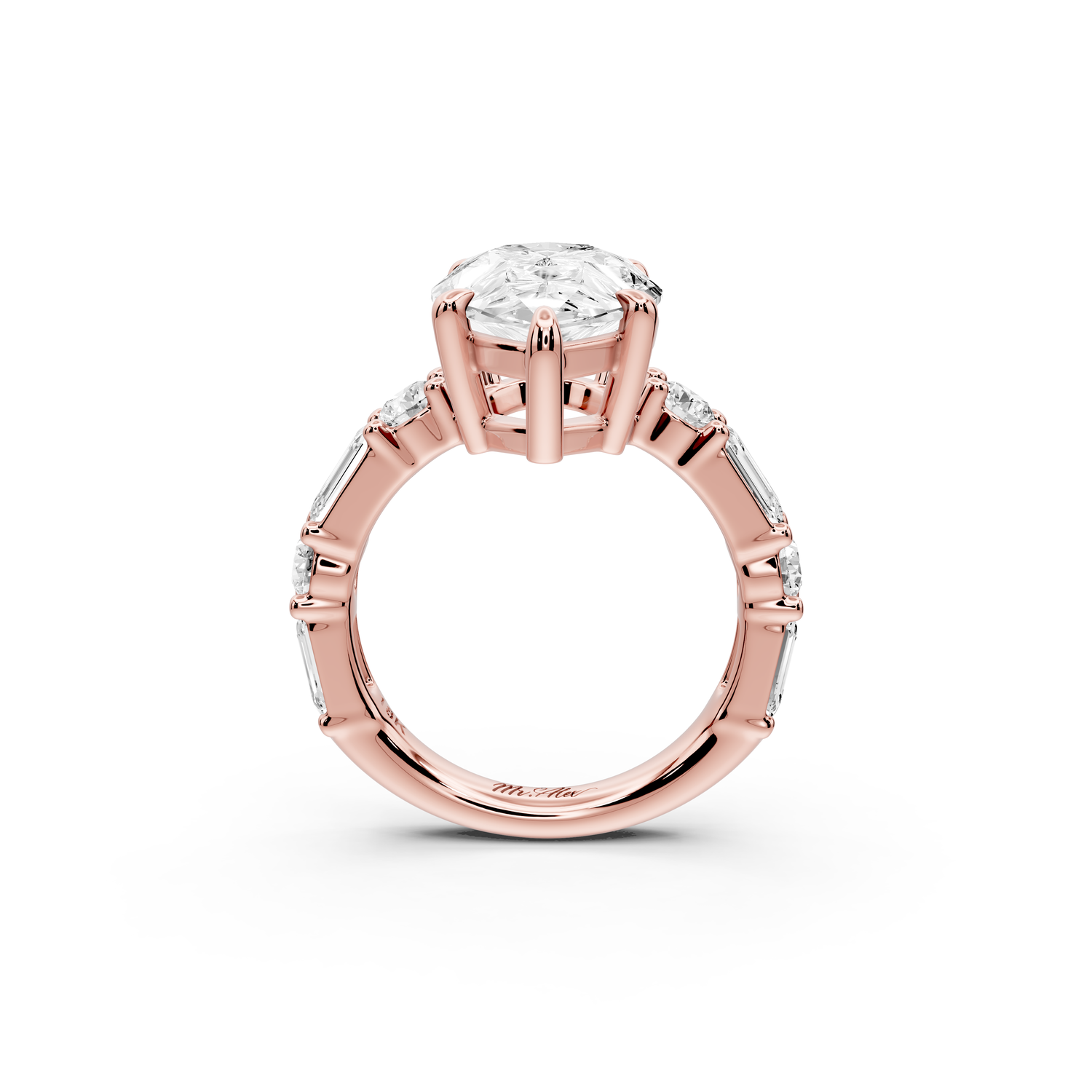 Juliette - 5ct 14k rose gold pear with Alternating Round and Emerald 8-Stone Band Engagement Ring
