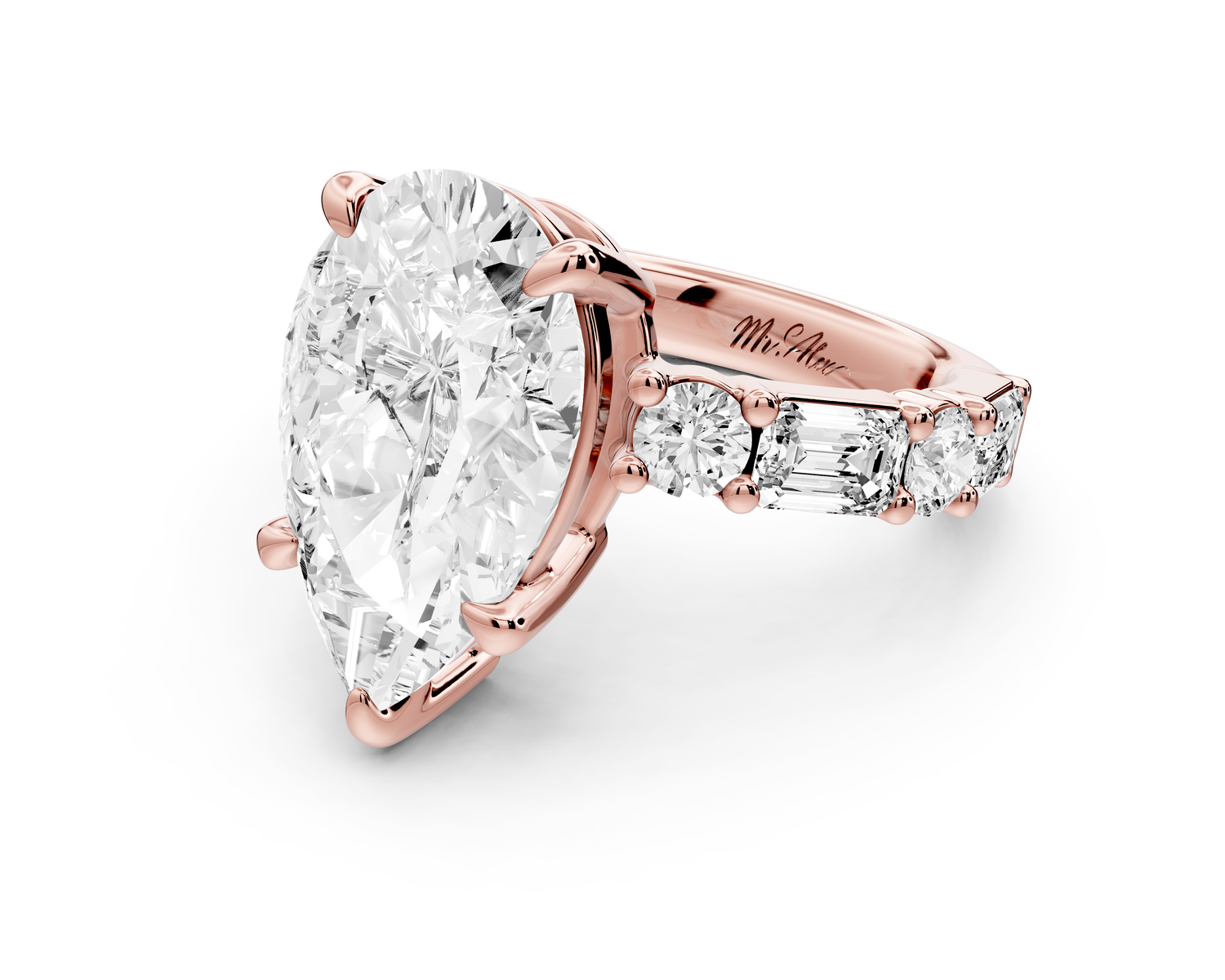 Juliette - 5ct 14k rose gold pear with Alternating Round and Emerald 8-Stone Band Engagement Ring