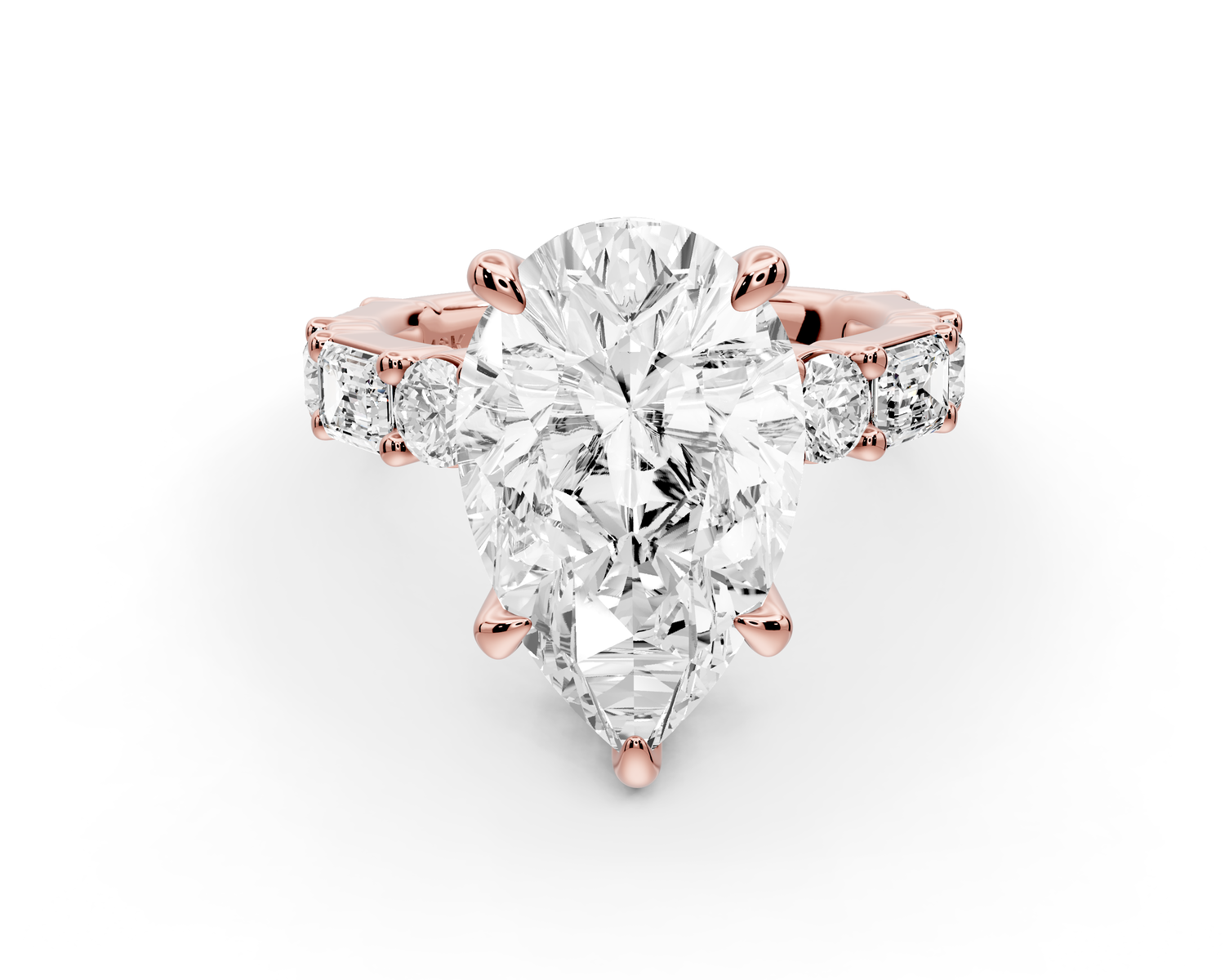 Juliette - 5ct 14k rose gold pear with Alternating Round and Emerald 8-Stone Band Engagement Ring
