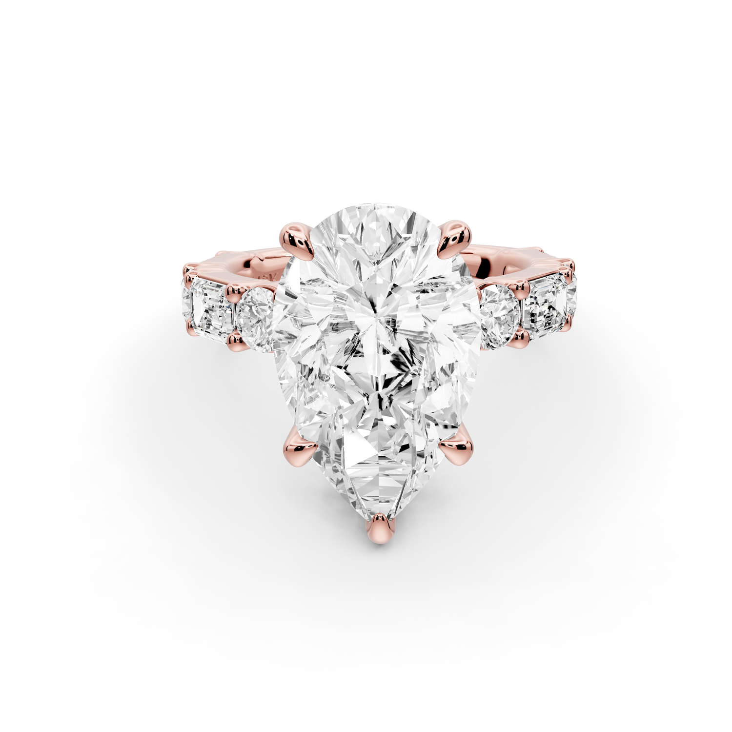 Juliette - 5ct 14k rose gold pear with Alternating Round and Emerald 8-Stone Band Engagement Ring