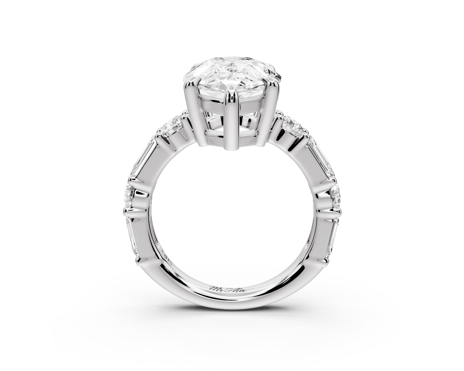 Juliette - 5ct 14k white gold pear with Alternating Round and Emerald 8-Stone Band Engagement Ring