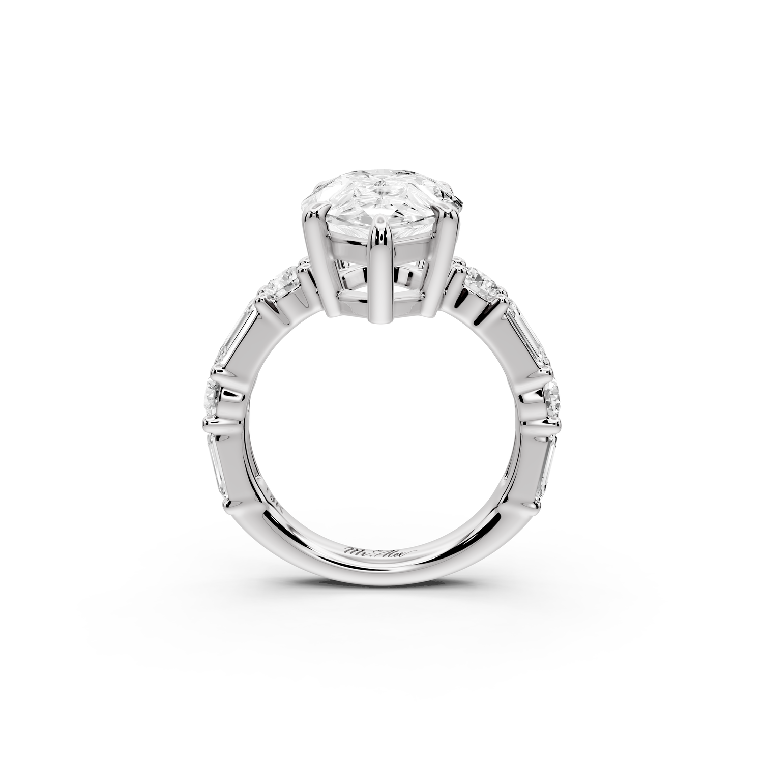 Juliette - 5ct 14k white gold pear with Alternating Round and Emerald 8-Stone Band Engagement Ring
