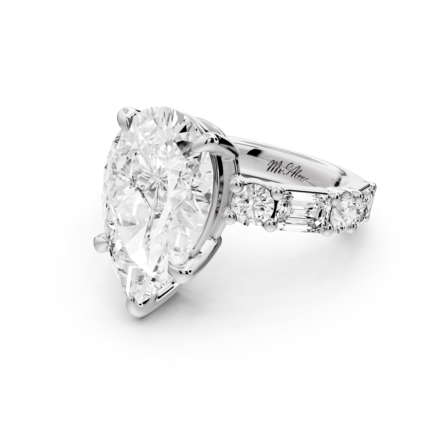 Juliette - 5ct 14k white gold pear with Alternating Round and Emerald 8-Stone Band Engagement Ring