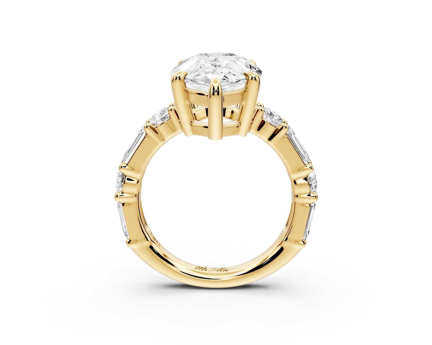 Juliette - 5ct 14k yellow gold pear with Alternating Round and Emerald 8-Stone Band Engagement Ring