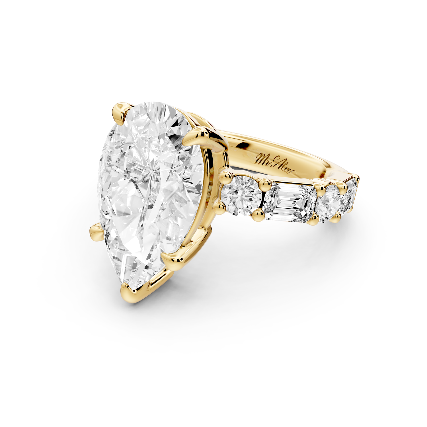 Juliette - 5ct 14k yellow gold pear with Alternating Round and Emerald 8-Stone Band Engagement Ring