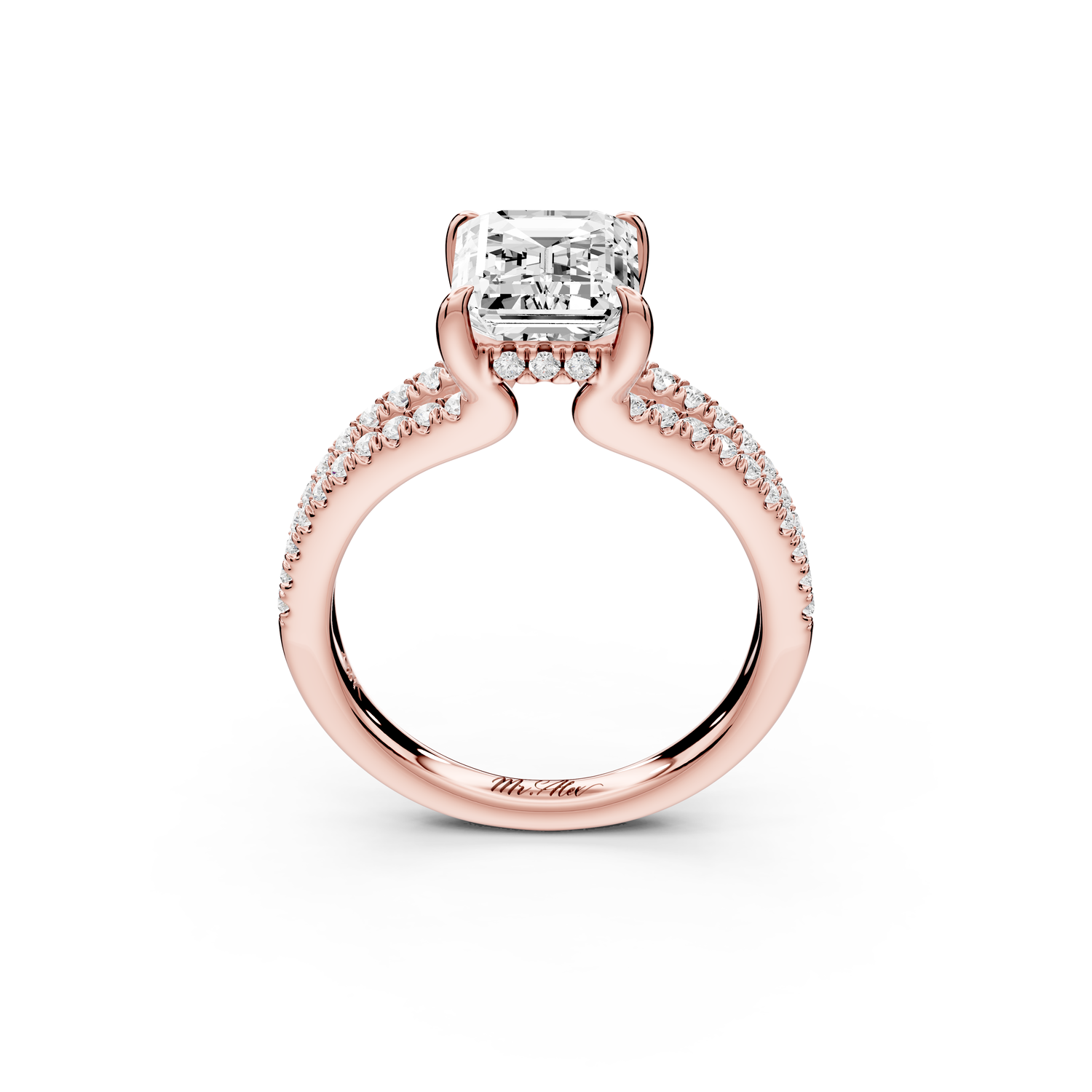 Liora - 2ct 14k rose gold emerald Hidden Halo Micro Pavé Split Shank Engagement Ring