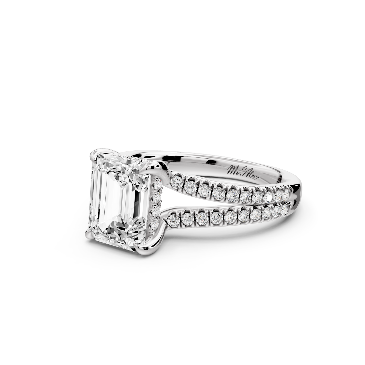 Liora - 2ct 14k white gold emerald Hidden Halo Micro Pavé Split Shank Engagement Ring