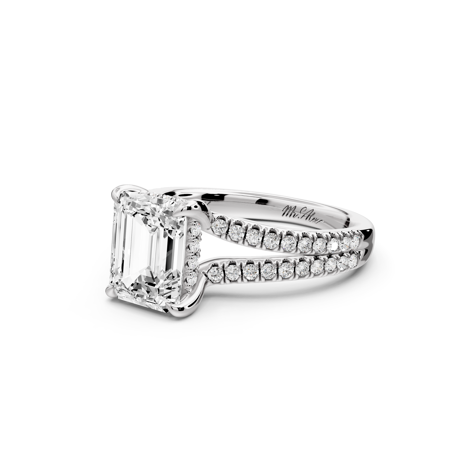 Liora - 2ct 14k white gold emerald Hidden Halo Micro Pavé Split Shank Engagement Ring