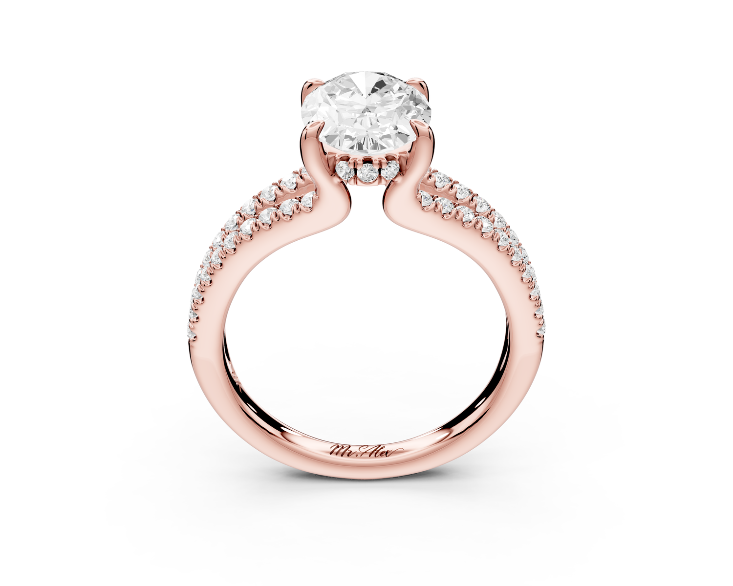 Liora - 2ct 14k rose gold oval Hidden Halo Micro Pavé Split Shank Engagement Ring