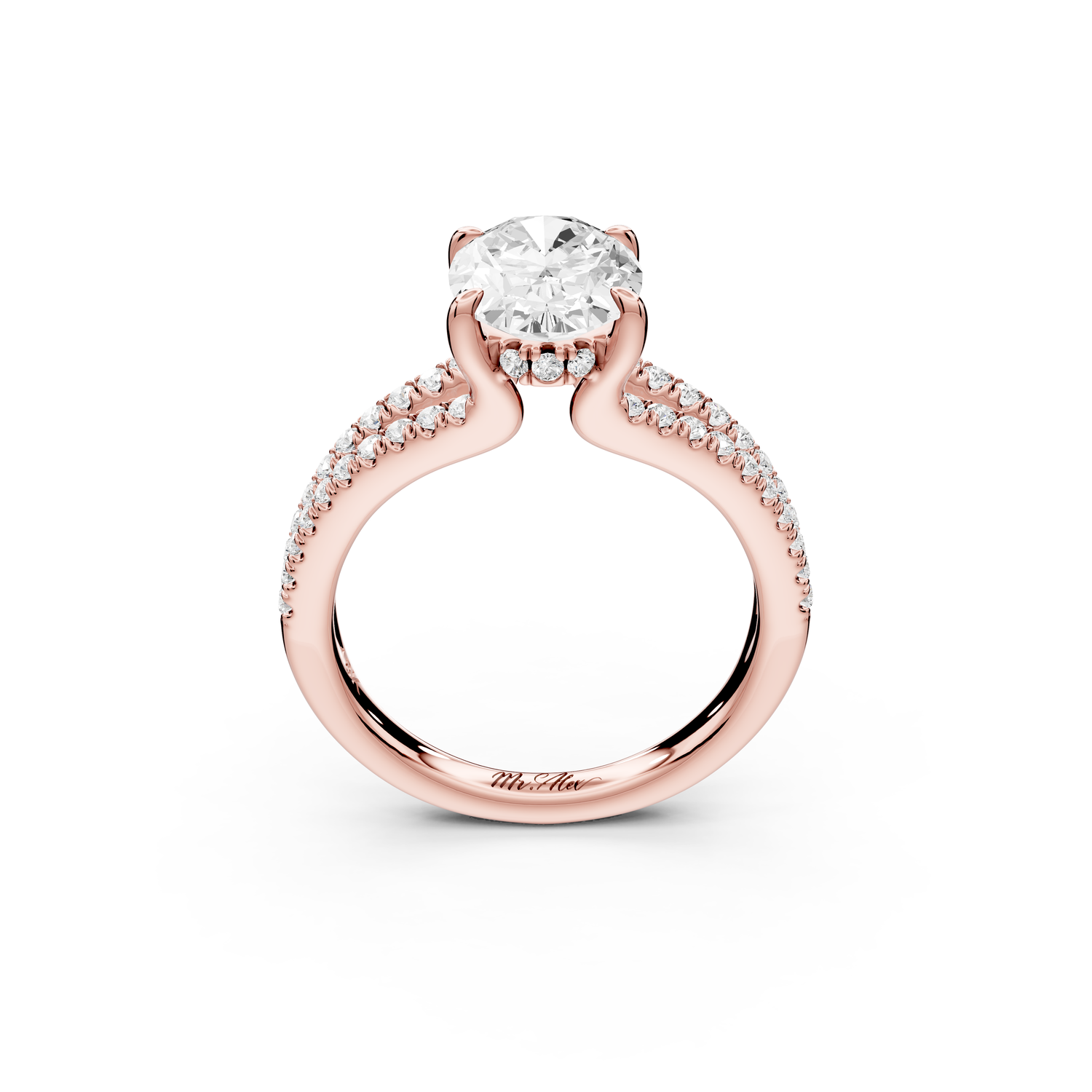Liora - 2ct 14k rose gold oval Hidden Halo Micro Pavé Split Shank Engagement Ring