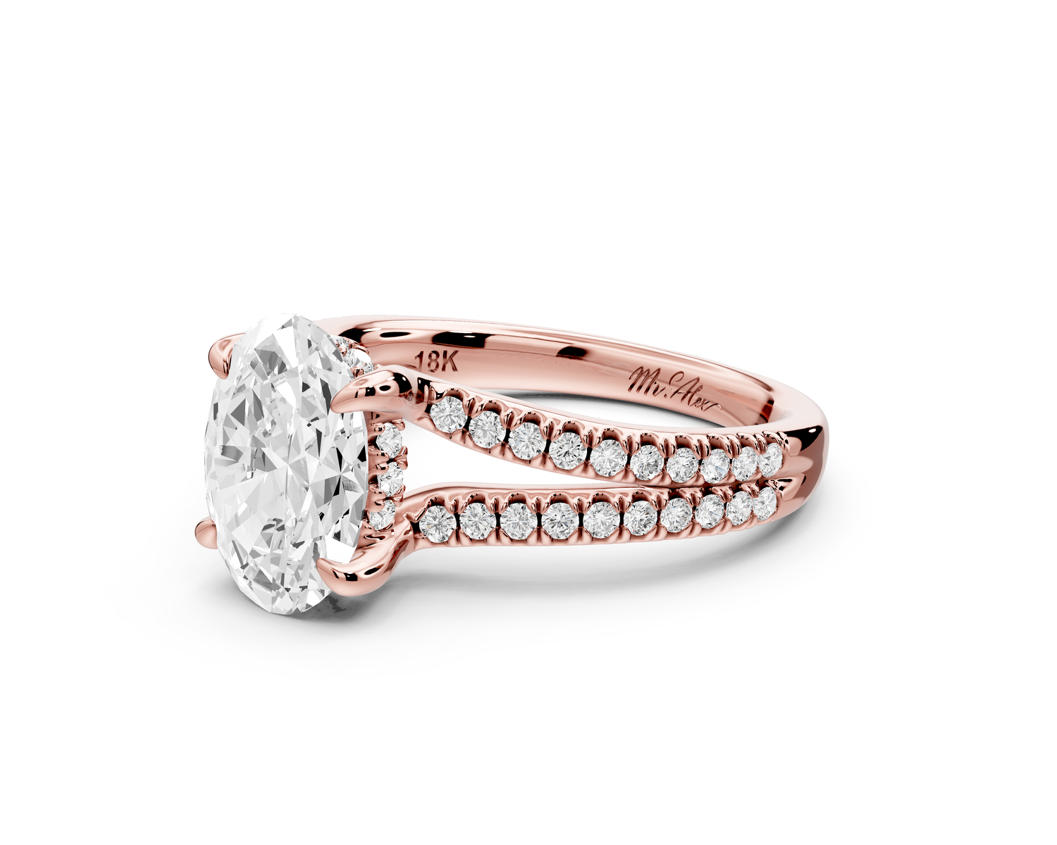 Liora - 2ct 14k rose gold oval Hidden Halo Micro Pavé Split Shank Engagement Ring