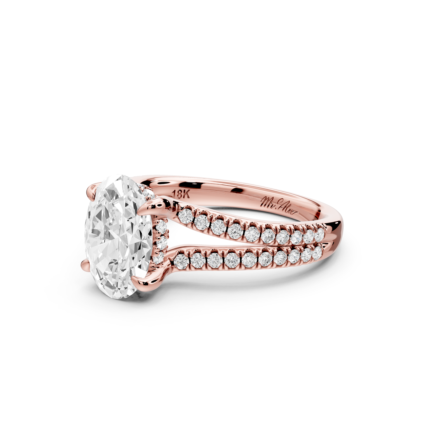 Liora - 2ct 14k rose gold oval Hidden Halo Micro Pavé Split Shank Engagement Ring