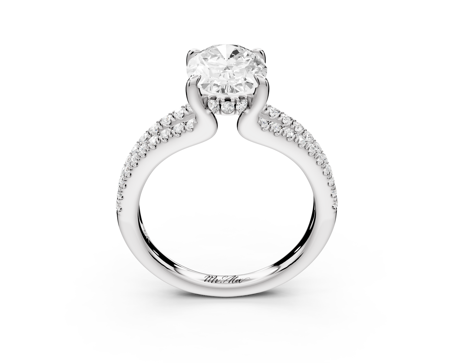 Liora - 2ct 14k white gold oval Hidden Halo Micro Pavé Split Shank Engagement Ring