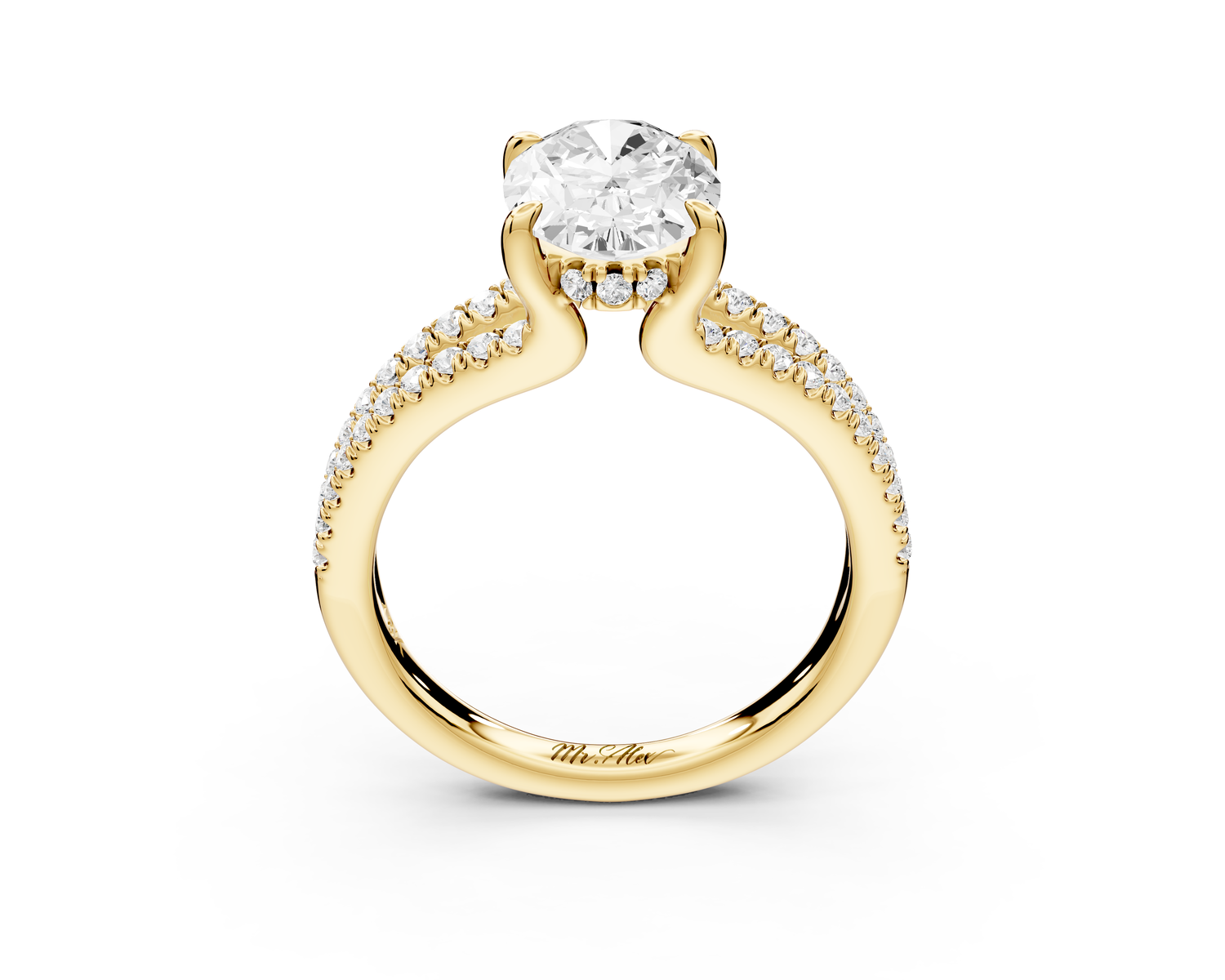Liora - 2ct 14k yellow gold oval Hidden Halo Micro Pavé Split Shank Engagement Ring